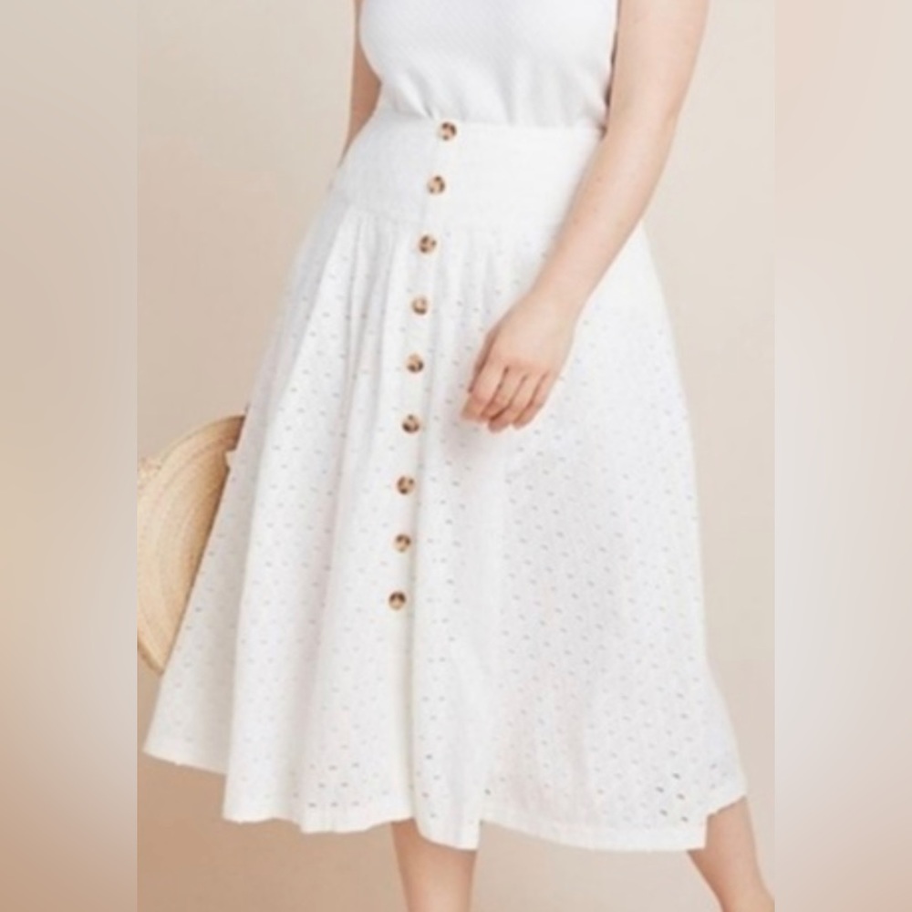 Maeve White Eyelet Midi Skirt with Button Front